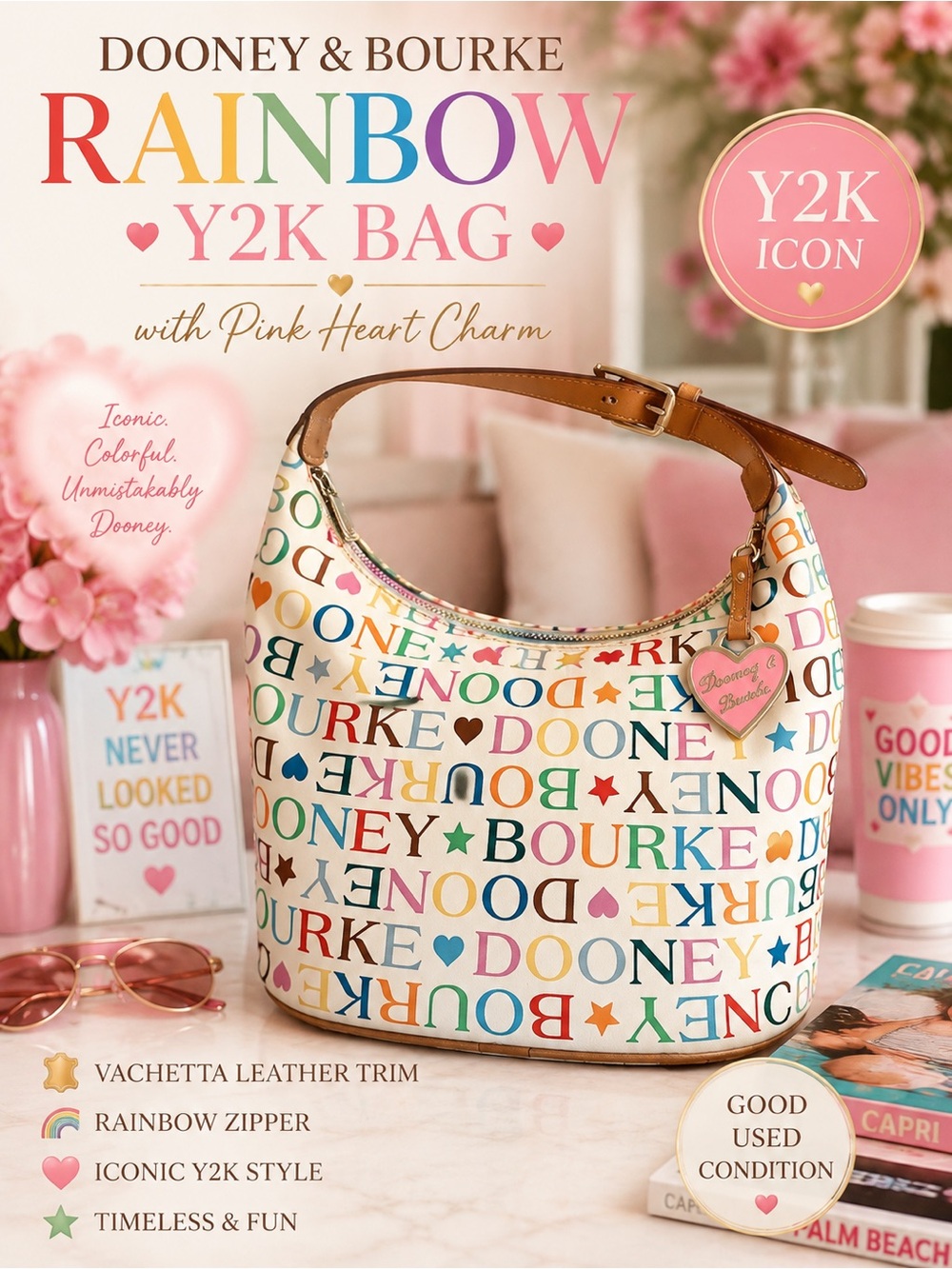 Dooney & Bourke RAINBOW Zipper Y2K‎ Bag With Pink Heart Charm